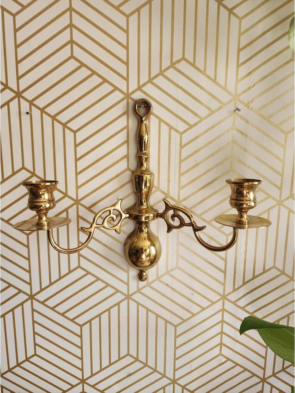 Vintage Laquered Brass 2 Arm Wall Candle Sconce Gothic MCM Hollywood Regency